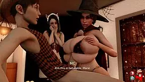 Slutty Halloween threesome with small girl