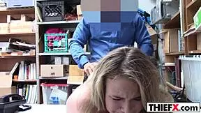 This gal is pretty and a thief, punished with blowjob in garage.