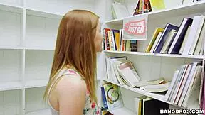 tiny redhead gives blowjob in library pov