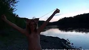 The young girlfriend unveils her beauty beside the river then masturbates inside my car