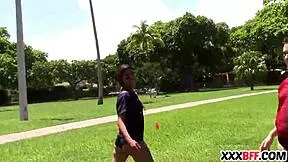 Nice ass girls from football team fuck hard with monster cocks. Wild group action on the field.