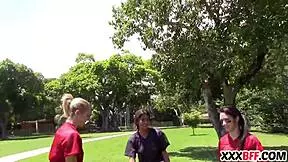 Nice ass girls from football team fuck hard with monster cocks. Wild group action on the field.