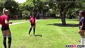 Nice ass girls from football team fuck hard with monster cocks. Wild group action on the field.