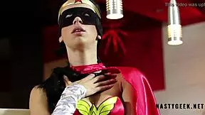 Horny wonder woman in cosplay fingers herself and squirts in the pub