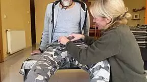 Little blonde wife sucks the neighbor's dick while husband is not at home