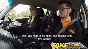 Fake Driving School teen learner with hairy pussy gets unexpected creampie during lesson