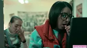 Hey, watch this busty babe get ganged by horny teen lesbos!