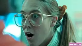 Hey, watch this busty babe get ganged by horny teen lesbos!