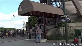 A cute girl fucked by two guys with big dicks in public near paris eiffel tower