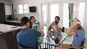 Blonde teen gives blowjob to old man