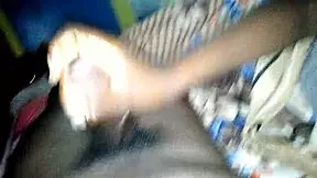 Ebony young girl gives rough handjob to monster cock until he cums!