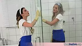 These cute teens ditched cleaning. I gave them my cock instead.