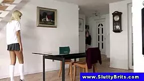 hot blonde teen teases in glamour outfit with stockings and heels