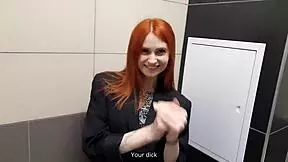 During a workday, a redhead colleague gets bent over in toilet for rough sex