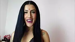 Tall Latina on holiday with tiny figures