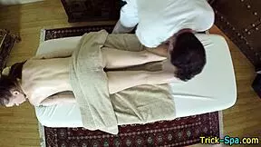 amateur brunette gets back massage from old man hidden cam