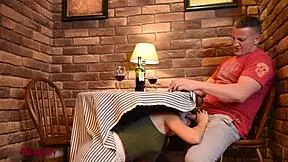 Crazy hot teen sucks cock under the table in the cafe, public blowjob.