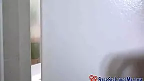 Teen stepsister masturbates in the shower, bathing with small tits and hardcore swallowing.