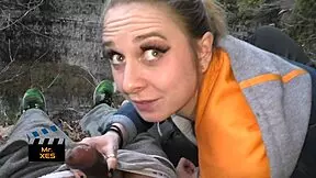 Blonde Gives Outdoor Waterfall Blowjob Nearly Caught