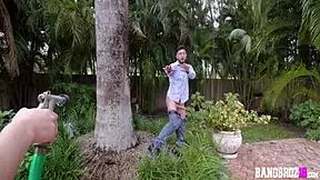 kira perez teen 18+ waters the plants in the garden