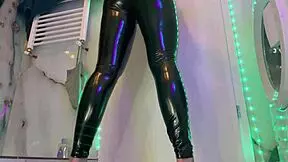 masturbating tight pussy with big dildo in latex leather