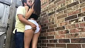 slutty teen gives blowjob in public, ball licking and swallow