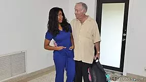 I's takin' care of this old black patient's big cock in the hospital, ya know, with my curvy ebony body