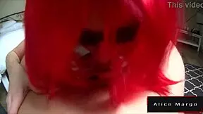 Young redhead swallowing during a homemade blowjob while revealing her big ass