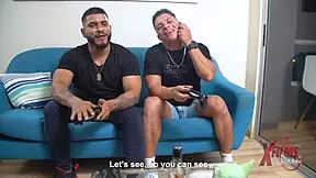 Two guys tease petite Venezuelan redhead with anal in living room