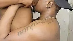 Ebony teen 18+ with juicy boobs gets fucked in the bathroom after blowjob