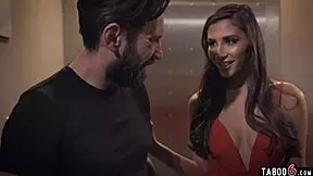 Why does the petite brunette suck and deepthroat the freak client while riding him next to his wife?