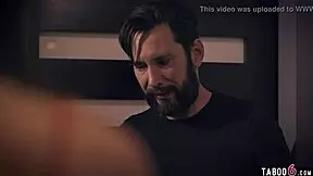 Why does the petite brunette suck and deepthroat the freak client while riding him next to his wife?