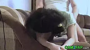 Hot brunette housewife spies on teen 18+ in suggestive sex video.