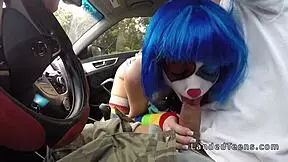 clown teen hitchhiker gives outdoor pov blowjob in wild bikini scene. daring couple caught in voyeur action.
