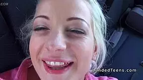Blonde teen 18+ hitchhiker gets banged in the car by monster cock. Public hardcore with couple 😏