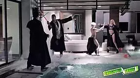 Climb on the bed and fuck each other's teen pussies! Ride those light sabers hard!!