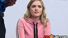 On her knees in a cute storyline sucking a big white dick