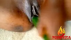 Tight Ebony Pussy Battles Cucumber in Wet Homemade Black Fetish Action
