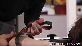 Teen bound in stocks gets mouth filled with cum, so wild! 😈