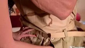 after army duties, european teens abbie cat and anissa kate deliver piercing deepthroat blowjob in group threesome