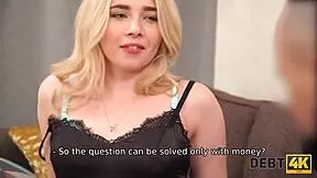 Blonde angelface from Debt4k turns into a whore for expensive furniture in a rough homemade reality scene.
