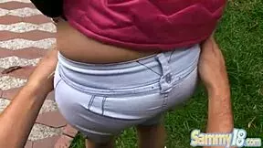 Petite teen 18+ Sammy 18 sucks cock then gets pussy fucked