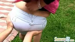 Petite teen 18+ Sammy 18 sucks cock then gets pussy fucked