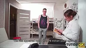 The angry student seduces his strict mature tutor with a blowjob and doggystyle fucking.