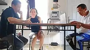 Unfaithful wife drains contractor's cum under table while husband calculates.