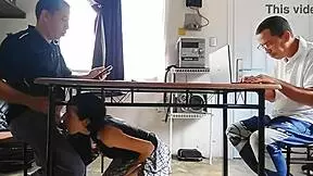 Unfaithful wife drains contractor's cum under table while husband calculates.