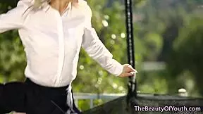 Two sensual lesbians in uniform kiss and lick pussy close up