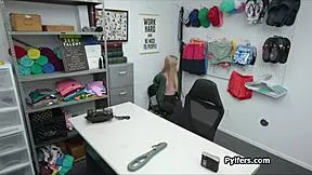 voyeur view of blonde teen riding officer, butt fingered.