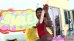 noemie bilas, a petite teen, swallows and licks this big black cock in pov scene, making it disappear