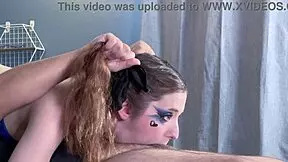 Harley Quinn with blue goth makeup takes extreme facefuck destruction